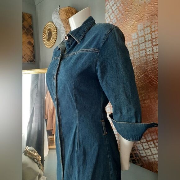 Vintage Stretch Cotton Dark Wash Denim Midi Dress - Picture 8 of 16